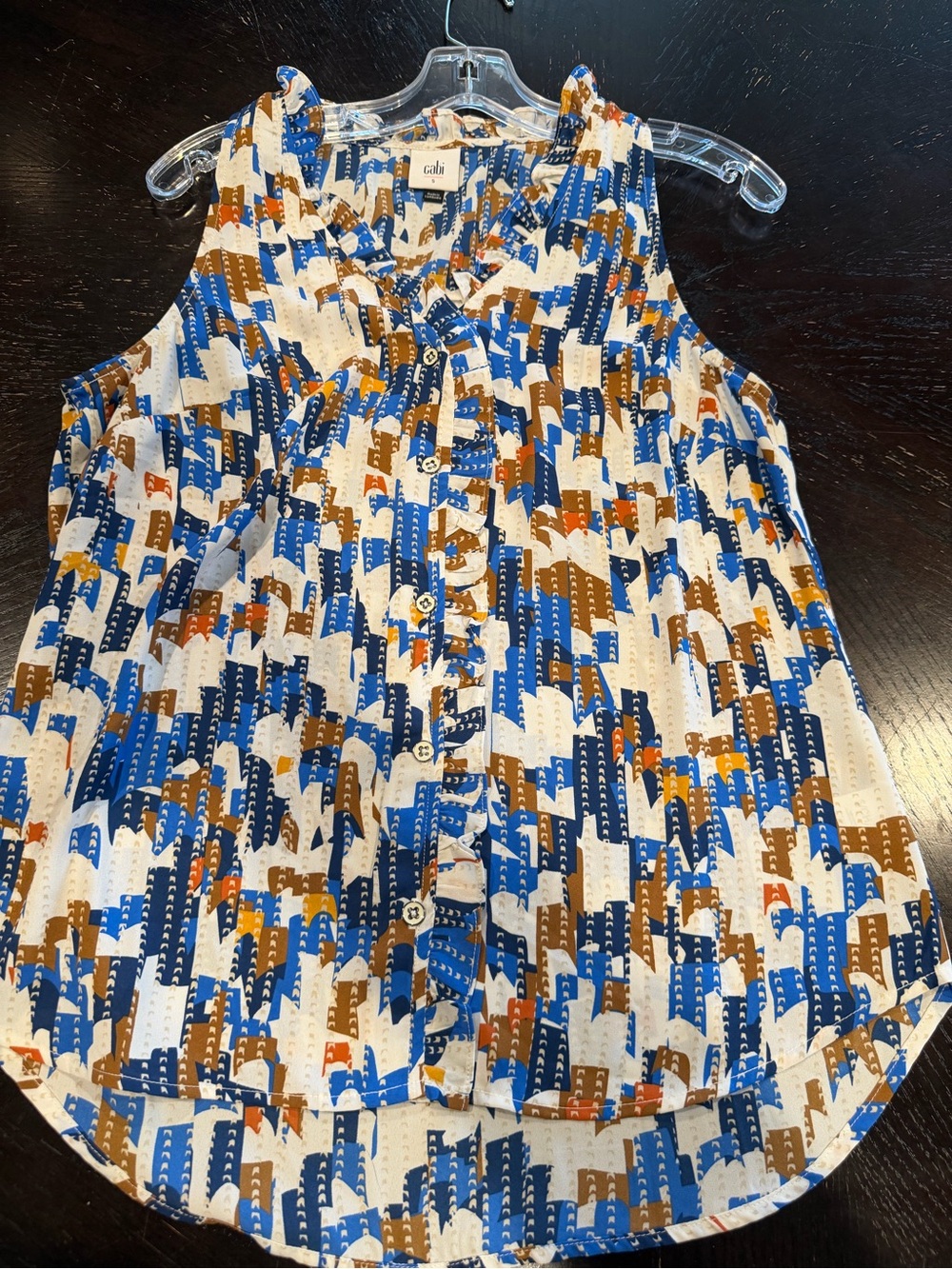 CAbi Blue Brown Cream Printed Sleeveless Button-Down Top